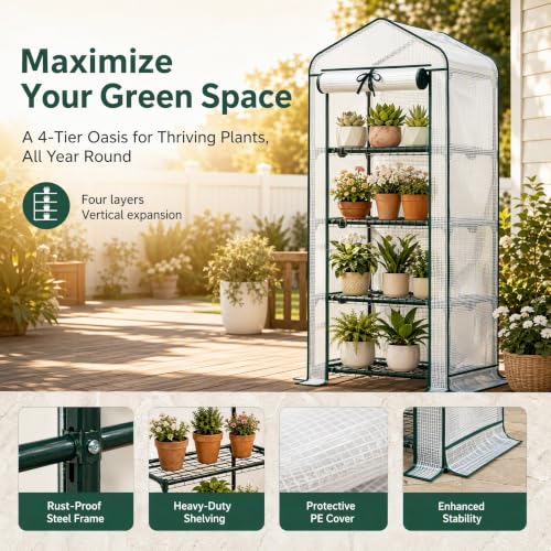4‑Tier Mini Greenhouse, Small Walk‑in Green House, White - color: White, size: Small