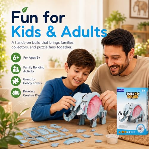 MierEdu Build 'N' Sound 3D Puzzle for Kids, Animal Puzzle with Sound Module, Educational STEM Craft Kit, FSC Paper Model Building Toy Gift for Ages 6+ - color: African Elephant
