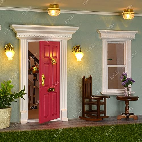 iLAND Dollhouse Door on 1 12 Scale, Unfinished Paintable Neoclassical Wooden Door w/Metal Handle, Mail Slot, Key & Knocker, Miniature Building Supplies Dollhouse Furniture & Decor - style: Neoclassical Mini Door