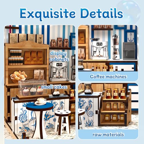 DIY Miniature Dollhouse Kit with Touch LED Light, 3D Wooden Puzzle Santorini Cafe Model, Creative Ocean Style Building Set, Arts and Crafts Gift for Adults (317 Pcs) - style: Mediterranean, Santorini Style