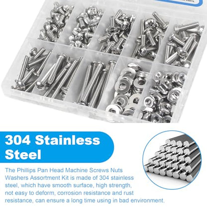 200pcs #8-32 Phillips Pan Head Machine Screws Nuts Washers Kit - size: #8-32