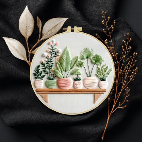 Full Range Embroidery Kit for Adult, Green Plant Pattern Embroidery Kit for Beginners Include Embroidery Cloth Hoops Threads for Craft Lover Hand Stitch with Embroidery Skill Techniques (Plant1) - color: Plant1