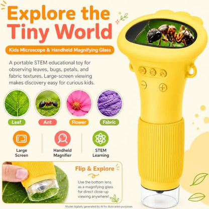 1000X Microscope for Kids, 2'' Screen Kids Wonder Quest Microscope Camera, Digital Handheld Microscope, Educational Kids Magnifying Glass, Christmas Birthday Gifts for Age 3 4 5 6 7 8 9 10- Yellow - color: Yellow