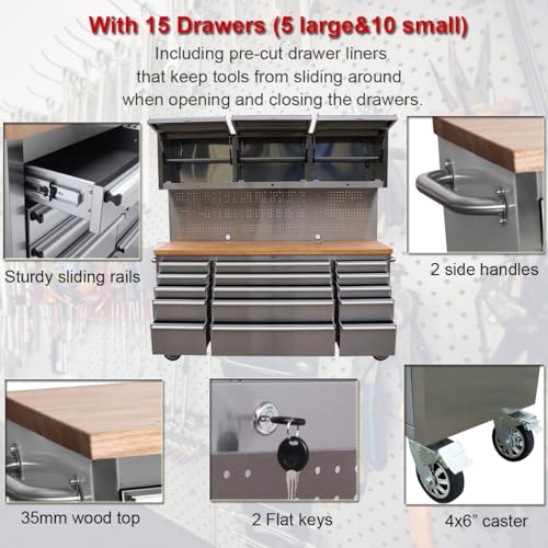 72-Inch Stainless Steel Rolling Tool Chest with 15 Drawers + 3 Upper Cabinets, Mobile Workbench, Assembled Large Tool Box Lockable Storage Cabinet with Wheels for Garage Workshop - size: 72'' + 3 Upper Cabinets - Stainless Steel