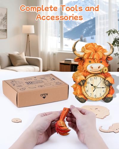 3D Puzzles for Adults-Wooden Highland Cow Clock Puzzle DIY Clock Model Kit
