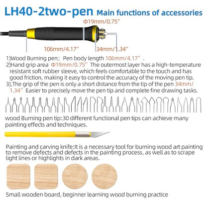 FIRElood Wood Burning Tool, Wood Burner kit Pen 25~750℃, Wood Burning kit with Digital Thermometer Temperature Adjustable Temperature, 2 pyrographic Wood Burning pens, 30 Wood Burning Pen Tips - color: Lh40-2-new
