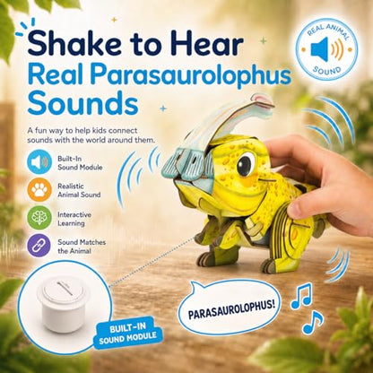 MierEdu Build 'N' Sound 3D Puzzle for Kids, Animal Puzzle with Sound Module, Educational STEM Craft Kit, FSC Paper Model Building Toy Gift for Ages 6+ - color: Parasaurolophus