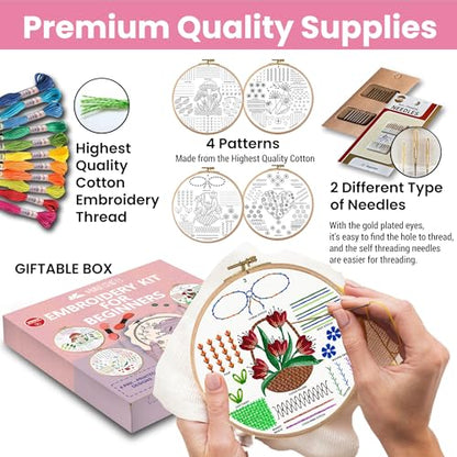 Moni Crafts Adult Beginner Embroidery Kit – 4 Pre-Printed Patterns (Flower, Mushroom, Floral, Heart) – Learn 41 Stitches, Hand Embroidery Starter Craft Set - color: Beginners - Practice B