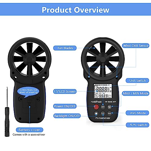HoldPeak Handheld Anemometer Bluetooth, Digital Wind Speed Gauge Meter, Air Flow Velocity Temperature CFM Measuring Device for HVAC Outdoor Sailing Shooting Golf, 866B-APP - color: 866B-APP (1 PC)
