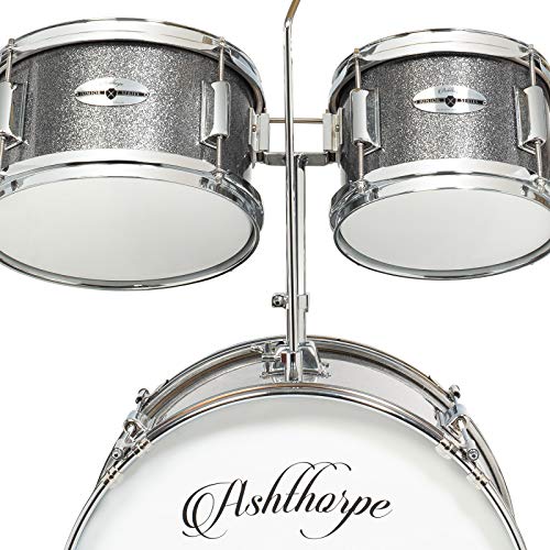 Ashthorpe 5-Piece Complete Kids Drum Set with Genuine Brass Cymbals - Junior Beginner Kit with 16" Bass, Throne, Hi-Hats, Pedals & Drumsticks - Silver - color: Silver