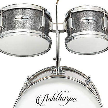Ashthorpe 5-Piece Complete Kids Drum Set with Genuine Brass Cymbals - Junior Beginner Kit with 16" Bass, Throne, Hi-Hats, Pedals & Drumsticks - Silver - color: Silver
