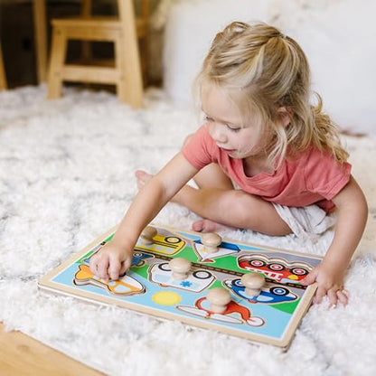 Melissa & Doug Vehicle Jumbo Knob Puzzle, Wooden Peg Puzzle for Toddlers, Educational Toy for Shape Recognition and Fine Motor Skills, Ages 1+