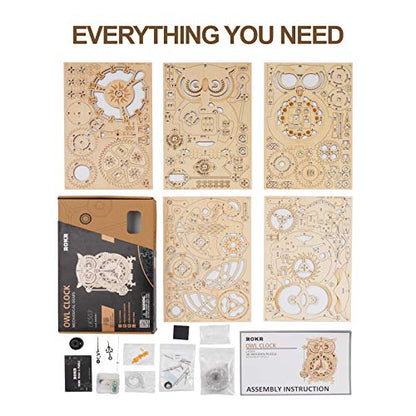ROKR 3D Wooden Puzzle Owl Clock for Adults, Mechanical Gear Wooden Building Model Kit for Adults, DIY Craft Gift for Home Decor