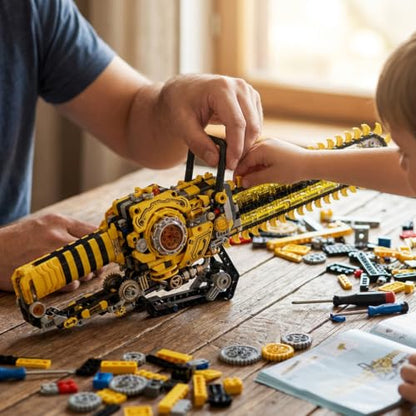 Mechanical Chainsaw Building Kit, 1096 Pcs Motorized Rotating Chain Model with 2-in-1 Manual & Electric Gear Drive, LED Lights, STEM Engineering Toy Gift for Adults Teens & Kids 8+