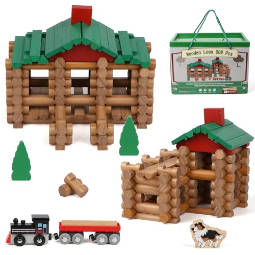Wondertoys 208 Pcs Wooden Log Set - Classic Building Logs Ages 3+ - Best Retro Building Gift Set for Boys - Creative Construction Engineering Educational Gifts - style: 208PCS Classic