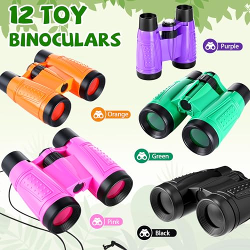 Foilswirl 12 Set Binocular Compass Magnifying Glass Set Christmas Birthday Gift Small Telescope Binocular with Whistle Bag for Outdoor Exploring Stocking Stuffer(Stylish Color,Classic)