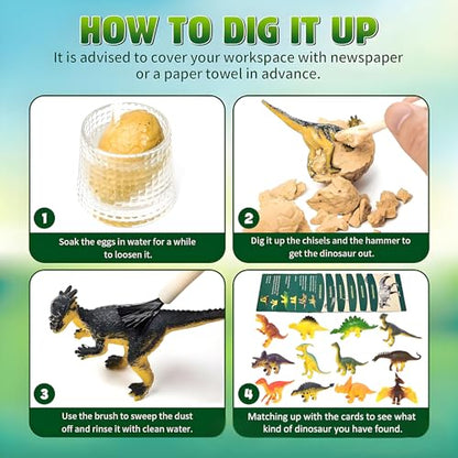 EXBEPE Dinosaur Eggs Excavation Dig Kit, 12 Fossilized Colorful Easter Dinosaur Egg with 12 Cards and 12 Dig Tools, Science Education STEM Toys for Boys & Girls Ages 3-12