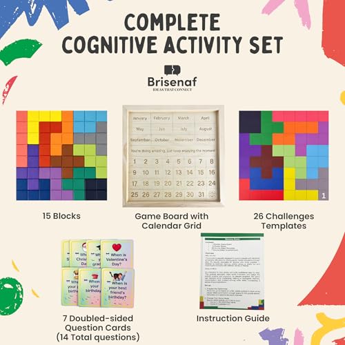 Dementia Activities for Seniors, 2 in 1 Cognitive Games for Elderly: Tile Matching Puzzle & Memory Q&A, 15 Wooden Blocks, 26 Templates, Alzheimer's Activities, Games for Dementia Patients.