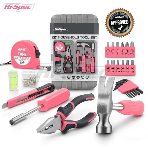 Hi-Spec Tool Set 25pc Pink Household DIY Tool Kit for Women. Small Mini Tool Box Set of Starter Basic Ladies Tools - color: Pale Pink