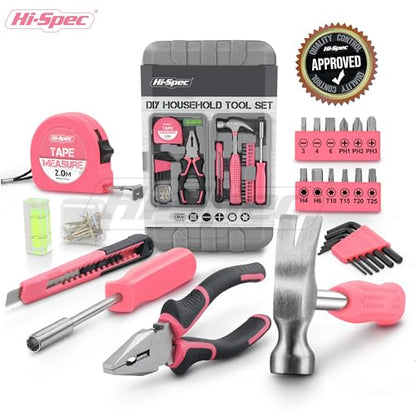 Hi-Spec Tool Set 25pc Pink Household DIY Tool Kit for Women. Small Mini Tool Box Set of Starter Basic Ladies Tools - color: Pale Pink