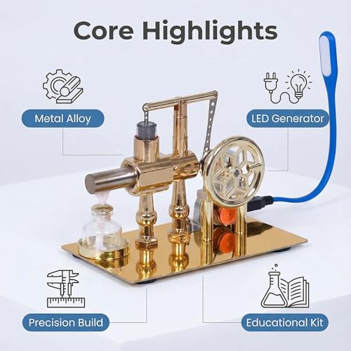 Hot Air Stirling Engine Motor Model,Stirling Engine Kit, Single-Cylinder Metal Stirling Engine External Combustion Engine Motor,DIY Hot Air Engine Gift of Air for Desktop EducationalToy (Gold) - color: Gold