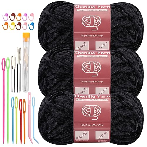 LUNARM Chenille Yarn 3 Pack 3.5oz Chunky Blanket Velvet Yarn 263 Yard - color: Black