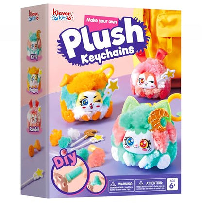 Klever Kits DIY Plush Keychain Making Craft, DIY Arts & Craft Set with 3 Models, Create Your Own Stuffed Keychain for Boys and Girls Ages 6 7 8 9