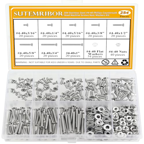 254 Pieces #4-40 x 3/16", 1/4", 5/16", 3/8", 1/2", 5/8", 3/4", 1", Phillips Countersunk Head Machine Screws Nuts Washers Assortment Kit - size: #4-40, style: Phillips Countersunk Head
