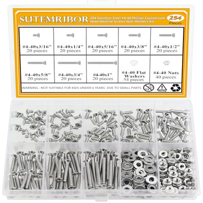 254 Pieces #4-40 x 3/16", 1/4", 5/16", 3/8", 1/2", 5/8", 3/4", 1", Phillips Countersunk Head Machine Screws Nuts Washers Assortment Kit - size: #4-40, style: Phillips Countersunk Head