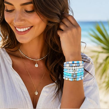Ocean Theme Clay Beads Kit for Bracelet Making, 3000Pcs Blue White Polymer Heishi Beads Set with Starfish Shell Charms Pearls, DIY Jewelry Making Kit for Summer Beach Crafts - color: style 03