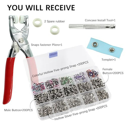 200 Sets Snaps Buttons Fastener Kit Hollow Steel Prong Snaps Buttons with Pliers Press Tool for DIY Crafts Clothes Hats Bags Sewing (Hollow) - style: 200 Sets (Hollow)