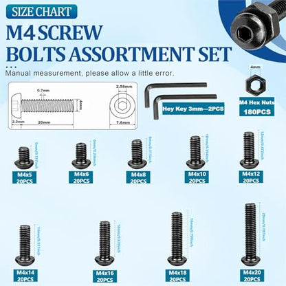 NINDEJIN Metric M4 Button Head Socket Cap Bolts Screws Set, M4x5/6/8/10/12/14/16/18/20 mm Screws Bolts and Nuts Assortment Kit, 362 Pcs Allen Hex Drive, Black Oxide, 10.9 Carbon Steel, Fully Threaded - size: 326Pcs M4 5mm-20mm
