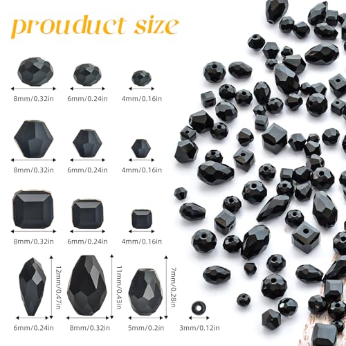 1500 Pcs Crystal Glass Beads for Jewelry Making – 12 Styles Bicone, Rondelle, Cube, Teardrop & 3mm Spacer Beads, DIY Bracelet Necklace Earring Craft Kit with Organizer Box(Black) - color: Black