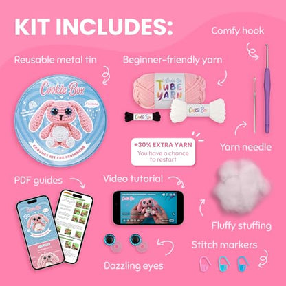 Cookie Box Crochet Kit for Beginners, Bunny Lola - color: Pink