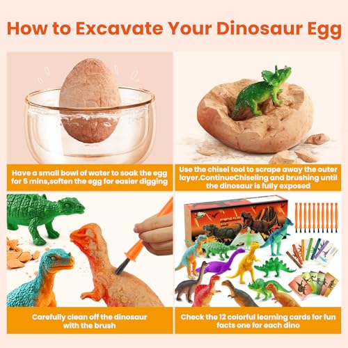 Zippytots Dinosaur Egg Dig Kit 12 Unique Eggs STEM Science Toy for Kids 3-8 | Premium Safe Material | Gold Glow & Color-Change Dinos | Complete STEM Dig Kit with Tools & Cards | Top Science Gift