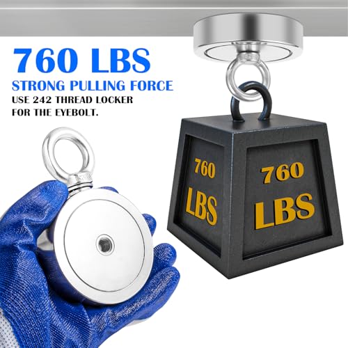 VNDUEEY 760LBS Magnet Fishing Kit, 2.36" Double Hole Fishing Magnet Kit with Rope, Strong Magnets for Retrieving in River Lake Beach and Lawn, Includes 65Ft Rope, Carabiner, Gloves, Grappling Hook - size: 2.36" 760LBS, style: Double Hole Kit