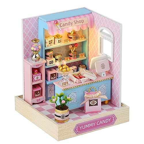 Kisoy Dollhouse Miniature with Furniture Kit, DIY 3D Wooden DIY House Kit with Dust Cover,Handmade Tiny House Toys for Teens Adults Gift (Yummy Candy) - color: Yummy Candy