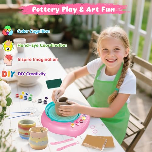 Pottery Wheel for Kids with Air Dry Clay Kit, 12 Paints & Tools, Ages 6-12 - color: pink/cyan