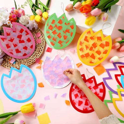 DoubleFill 48 Pcs Tulip Suncatchers Craft Kits Flower Craft DIY Stained Glass Effect Tissue Paper Kits Bulk for Home Window Decor Ornament Party Art Activities - style: Tulip