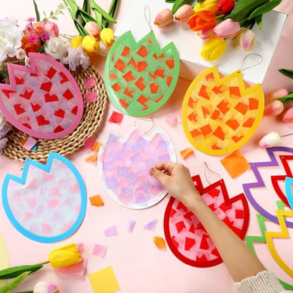 DoubleFill 48 Pcs Tulip Suncatchers Craft Kits Flower Craft DIY Stained Glass Effect Tissue Paper Kits Bulk for Home Window Decor Ornament Party Art Activities - style: Tulip