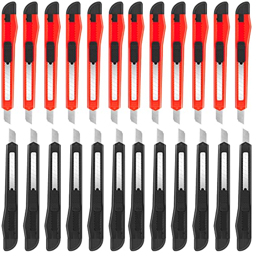 24 Pack Box Cutters, 9mm Razor Knife, Push-Sliding Button, Box Cutter Retractable, Break-off Utility Knife, Box Opener Tool for Office, Home, School, Art DIY - color: Red-black