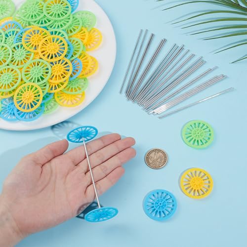 OLYCRAFT 100Pcs 3 Colors Plastic Project Wheels 1.5x0.2 Inch Shaft Round Rod Axles STEM Shaft Plastic Wheels and Steel Axles for DIY Projects Car Truck Boat Model Part Building Projects