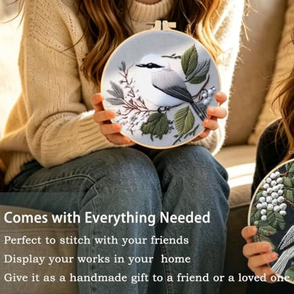 FONNUY Wild Birds Embroidery Kit, Pre-Stamped Green Tree Bird Patterns Kits for Adults and Beginners, Handmade DIY Crafts Set, Color Thread Needlework, 8'' Hoop (Chubby Little Bird) - color: Chubby Little Bird