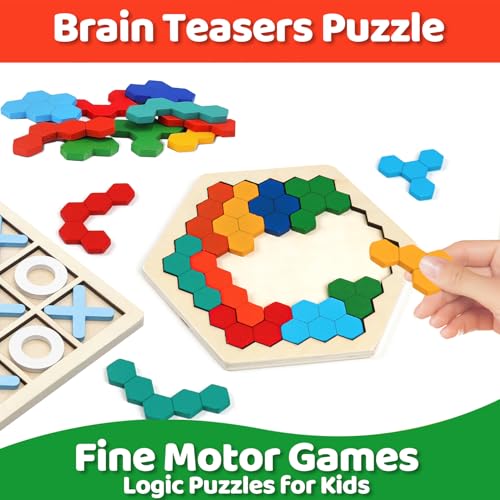 Wooden Brain Teaser Puzzles,Montessori Tangrams Pattern Blocks Logic Board Geometric Shapes Jigsaw Puzzle Games for Kids Ages 3-5,4-6(3Pack) - style: Puzzle set-3pcs