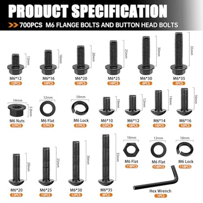 mankk 700PCS M6 Flange Bolt and M6 Button Head Hex Socket Cap Screws Assortment Kit M6×1.0 (10mm to 35mm) Metric Grade 10.9 Alloy Steel Class Hex Bolts and Nuts Washers Kit - size: 700PCS M6, style: Flange & Button & Hex Socket Cap
