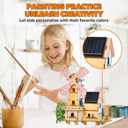 Snap-Fit Solar 3D Wooden Puzzle | Tools-Free DIY Waterwheel Dutch Windmill House Building Kit | STEM Educational Science Craft Toy for Kids 8-15 & Adults