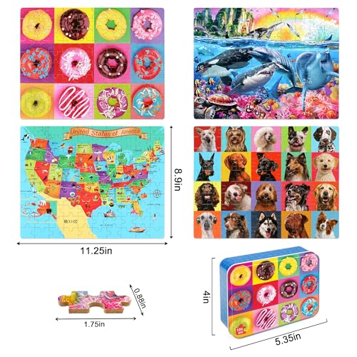 LELEMON Puzzles for Kids Ages 4-6,4-Pack 100 Piece Puzzles for Kids Ages 4-8 in a Metal Box,Dogs Donut USA Map Underwater World Educational Jigsaw Puzzles Puzzle Games Puzzle Toys for Girls and Boys - color: 100 Piece 4-pack 2)