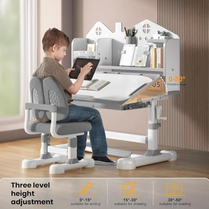 Kids Desk and Chair Set for Ages 3-12 Ergonomic Study Desk (Grey) - color: 015- Grey-1