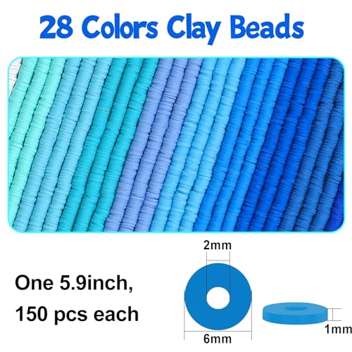 JMUQ 28 Strands Blue Clay Beads Bracelet Making Kit, Friendship Preppy Flat Polymer Clay Heishi Beads for Bracelets Jewelry Making Kit, DIY Arts and Crafts Gifts - color: Blue Series