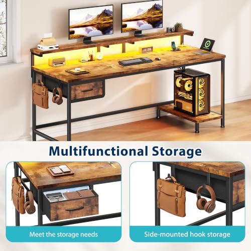 DurayLoly 55" Office Desk with Power Outlet & Fabric Drawer,Rustic Brown - color: Rustic Brown, size: 55 IN